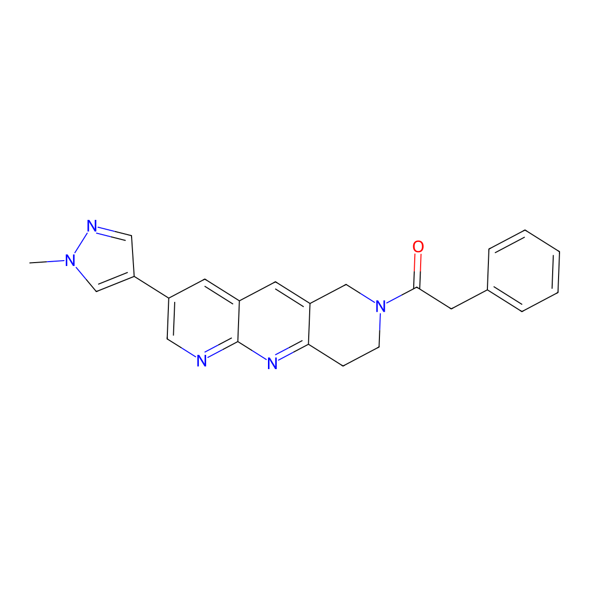 1-[3-(1-methyl-1H-pyrazol-4-yl)-6H,7H,8H,9H-pyrido[2,3-b]1,6-naphthyridin-7-yl]-2-phenylethan-1-one molecular structure, CAS 2770591-89-2