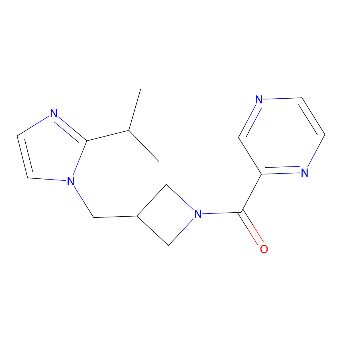 2-(3-{[2-(propan-2-yl)-1H-imidazol-1-yl]methyl}azetidine-1-carbonyl)pyrazine molecular structure, CAS 2770591-96-1
