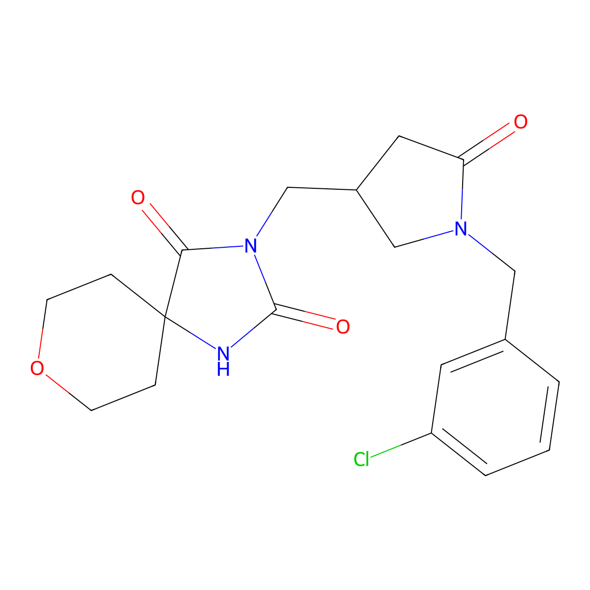 3-({1-[(3-Chlorophenyl)methyl]-5-oxopyrrolidin-3-yl}methyl)-8-oxa-1,3-diazaspiro[4.5]decane-2,4-dione molecular structure, CAS 2770591-97-2