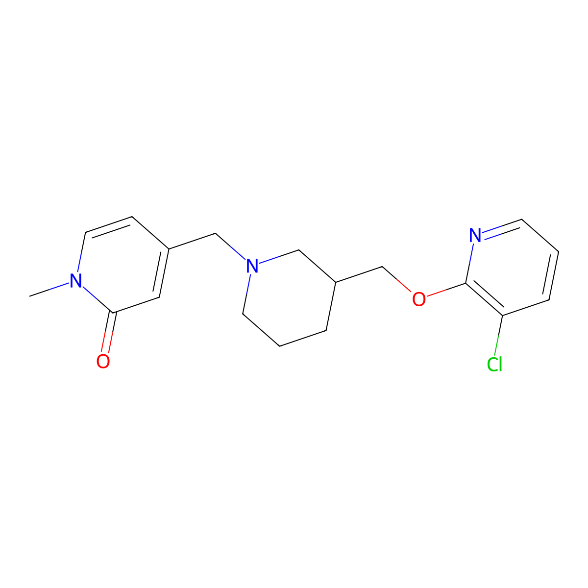 4-[(3-{[(3-Chloropyridin-2-yl)oxy]methyl}piperidin-1-yl)methyl]-1-methyl-1,2-dihydropyridin-2-one molecular structure, CAS 2770592-00-0
