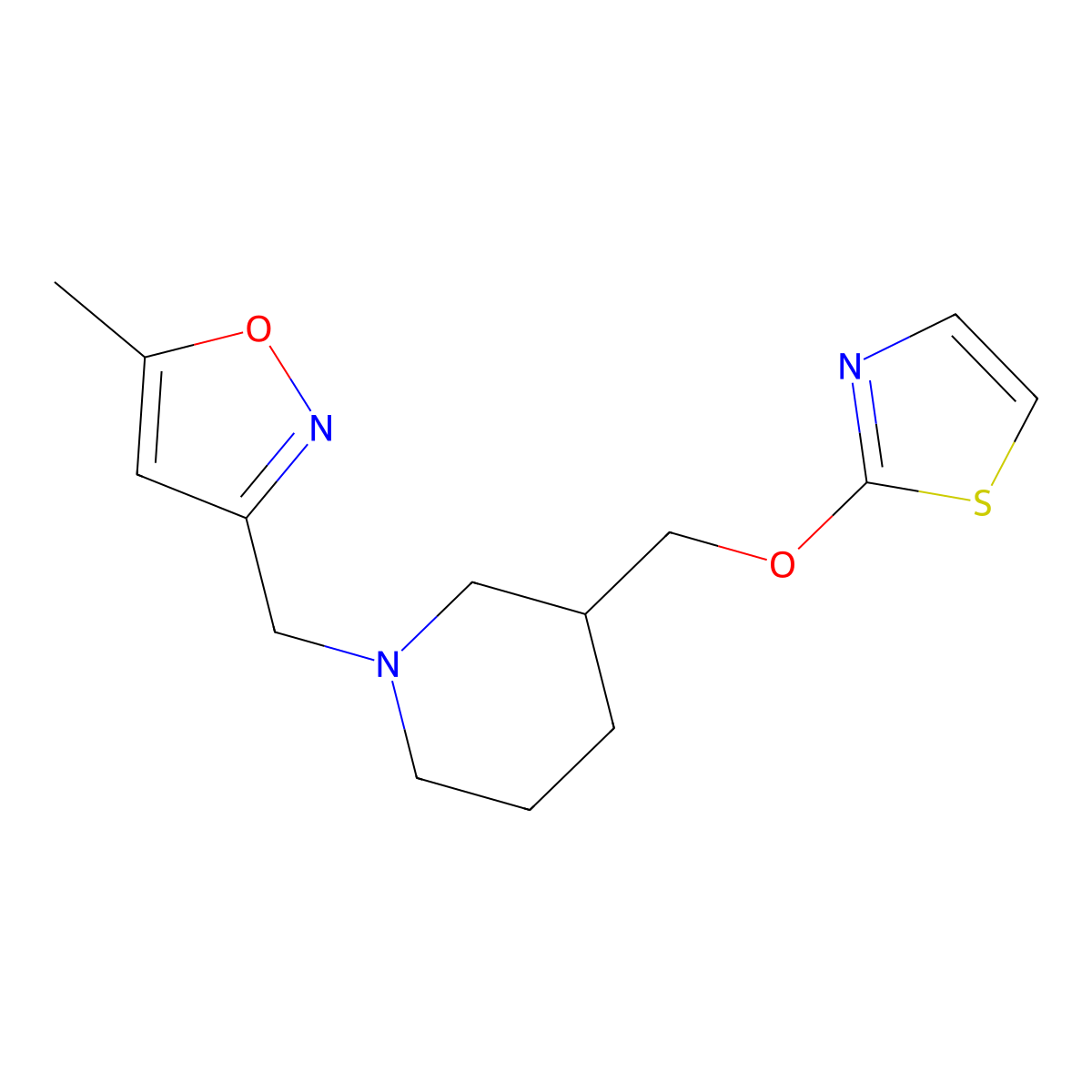 1-[(5-Methyl-1,2-oxazol-3-yl)methyl]-3-[(1,3-thiazol-2-yloxy)methyl]piperidine molecular structure, CAS 2770592-02-2