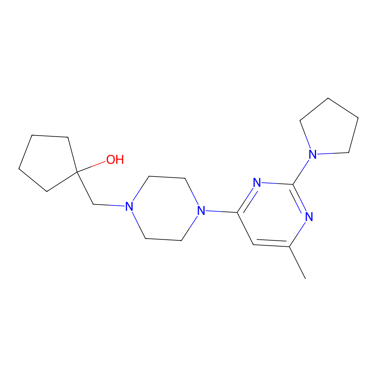 1-({4-[6-Methyl-2-(pyrrolidin-1-yl)pyrimidin-4-yl]piperazin-1-yl}methyl)cyclopentan-1-ol molecular structure, CAS 2770592-04-4