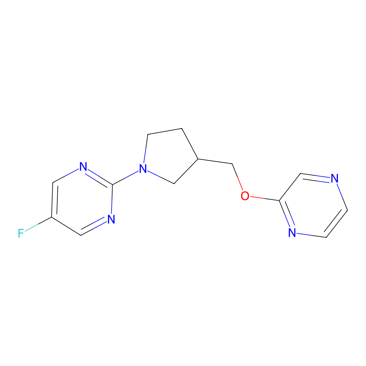 5-Fluoro-2-{3-[(pyrazin-2-yloxy)methyl]pyrrolidin-1-yl}pyrimidine molecular structure, CAS 2770592-11-3