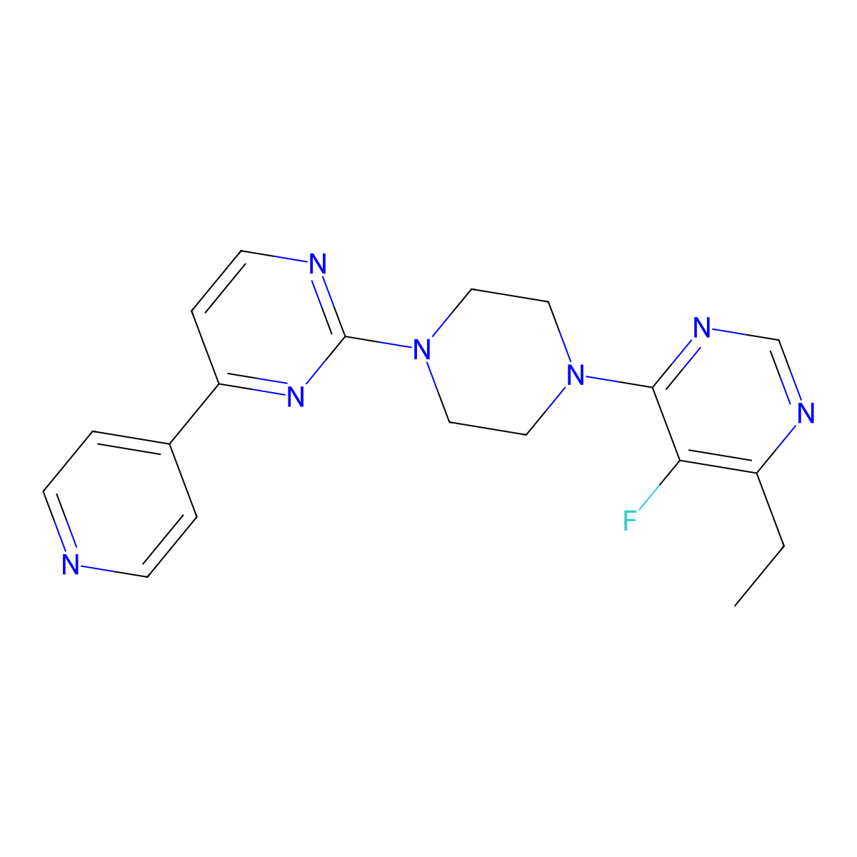 4-Ethyl-5-fluoro-6-{4-[4-(pyridin-4-yl)pyrimidin-2-yl]piperazin-1-yl}pyrimidine molecular structure, CAS 2770592-13-5