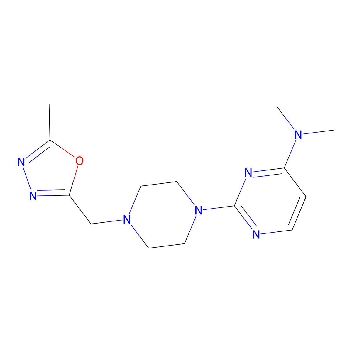 N,N-dimethyl-2-{4-[(5-methyl-1,3,4-oxadiazol-2-yl)methyl]piperazin-1-yl}pyrimidin-4-amine molecular structure, CAS 2770592-14-6