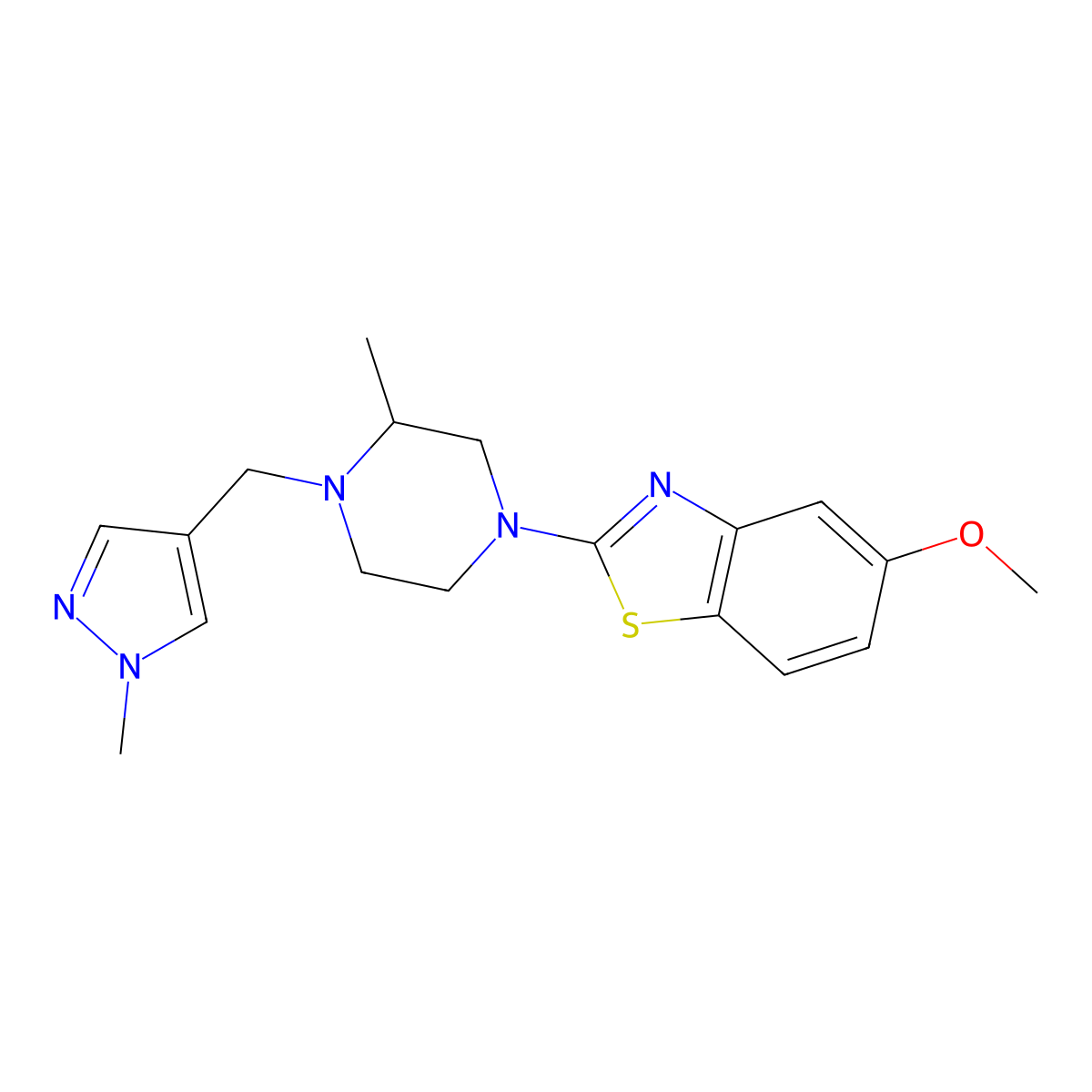 5-methoxy-2-{3-methyl-4-[(1-methyl-1H-pyrazol-4-yl)methyl]piperazin-1-yl}-1,3-benzothiazole molecular structure, CAS 2770592-21-5