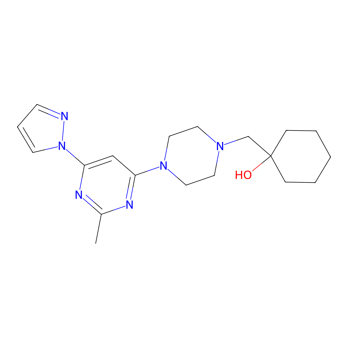 1-({4-[2-methyl-6-(1H-pyrazol-1-yl)pyrimidin-4-yl]piperazin-1-yl}methyl)cyclohexan-1-ol molecular structure, CAS 2770592-40-8