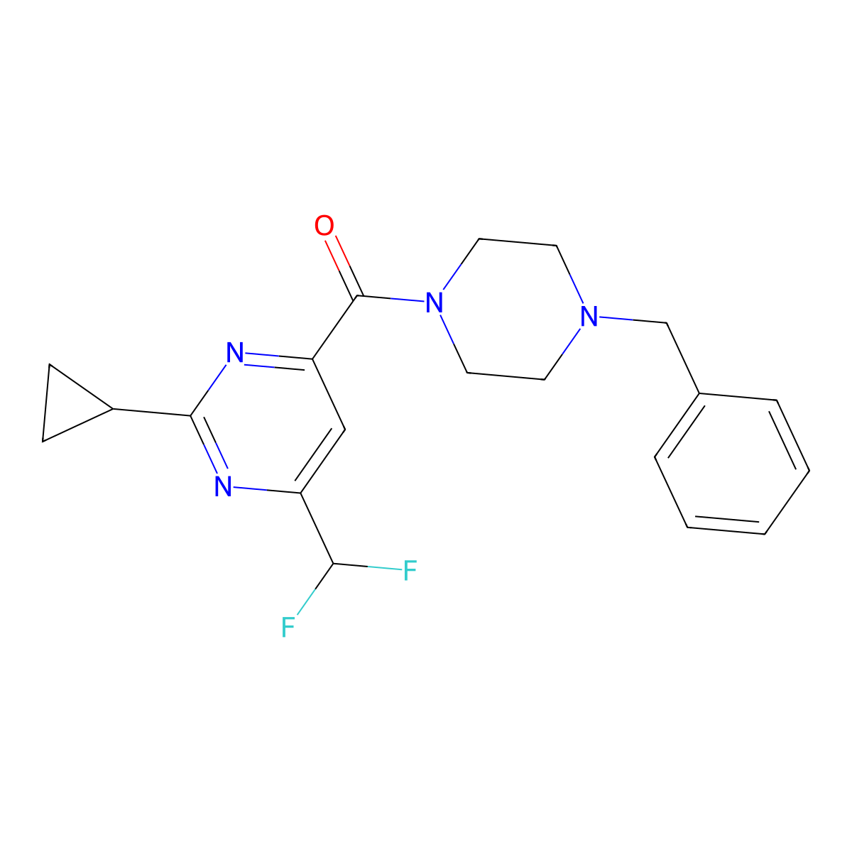 4-(4-Benzylpiperazine-1-carbonyl)-2-cyclopropyl-6-(difluoromethyl)pyrimidine molecular structure, CAS 2770592-71-5