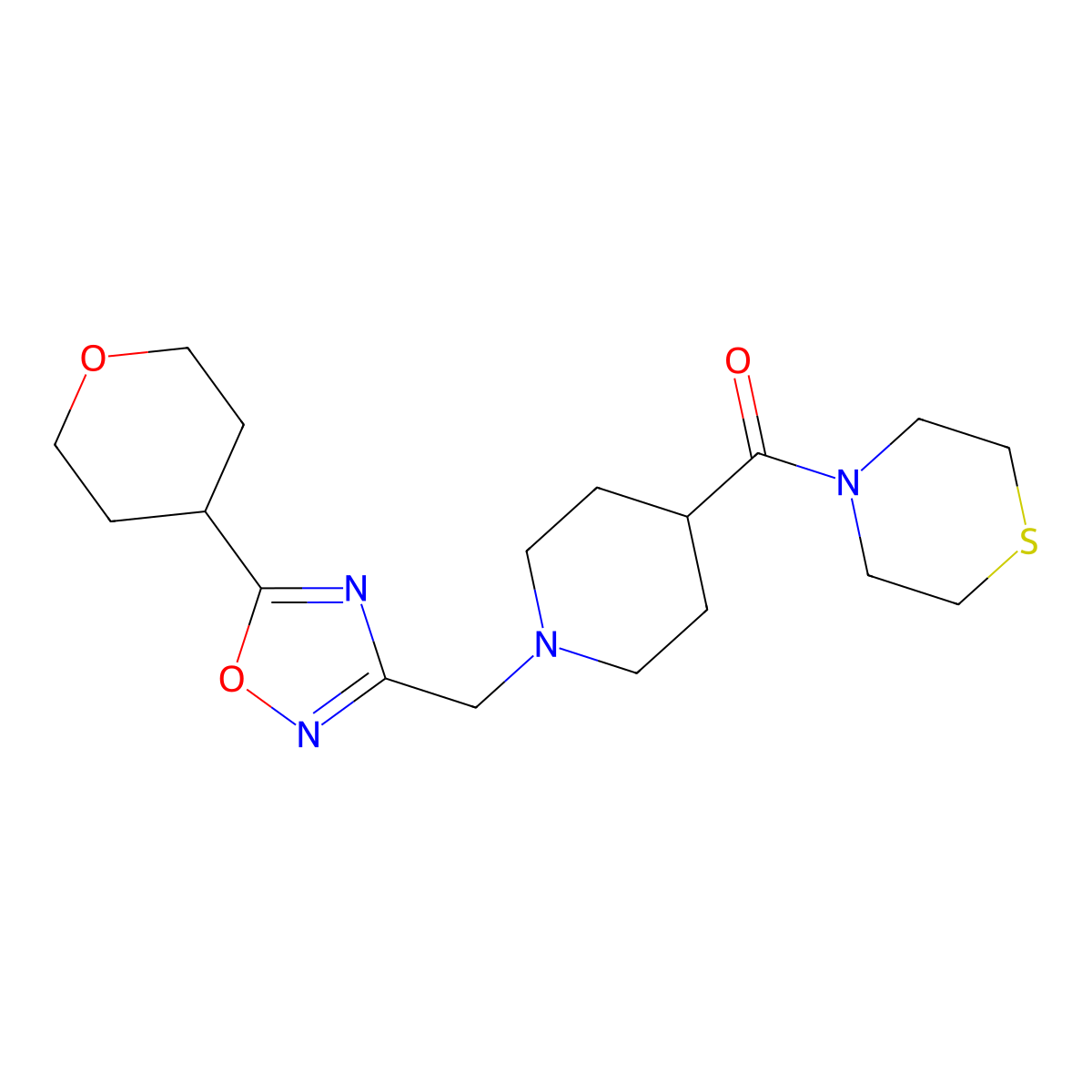 4-(1-{[5-(Oxan-4-yl)-1,2,4-oxadiazol-3-yl]methyl}piperidine-4-carbonyl)thiomorpholine molecular structure, CAS 2770592-76-0