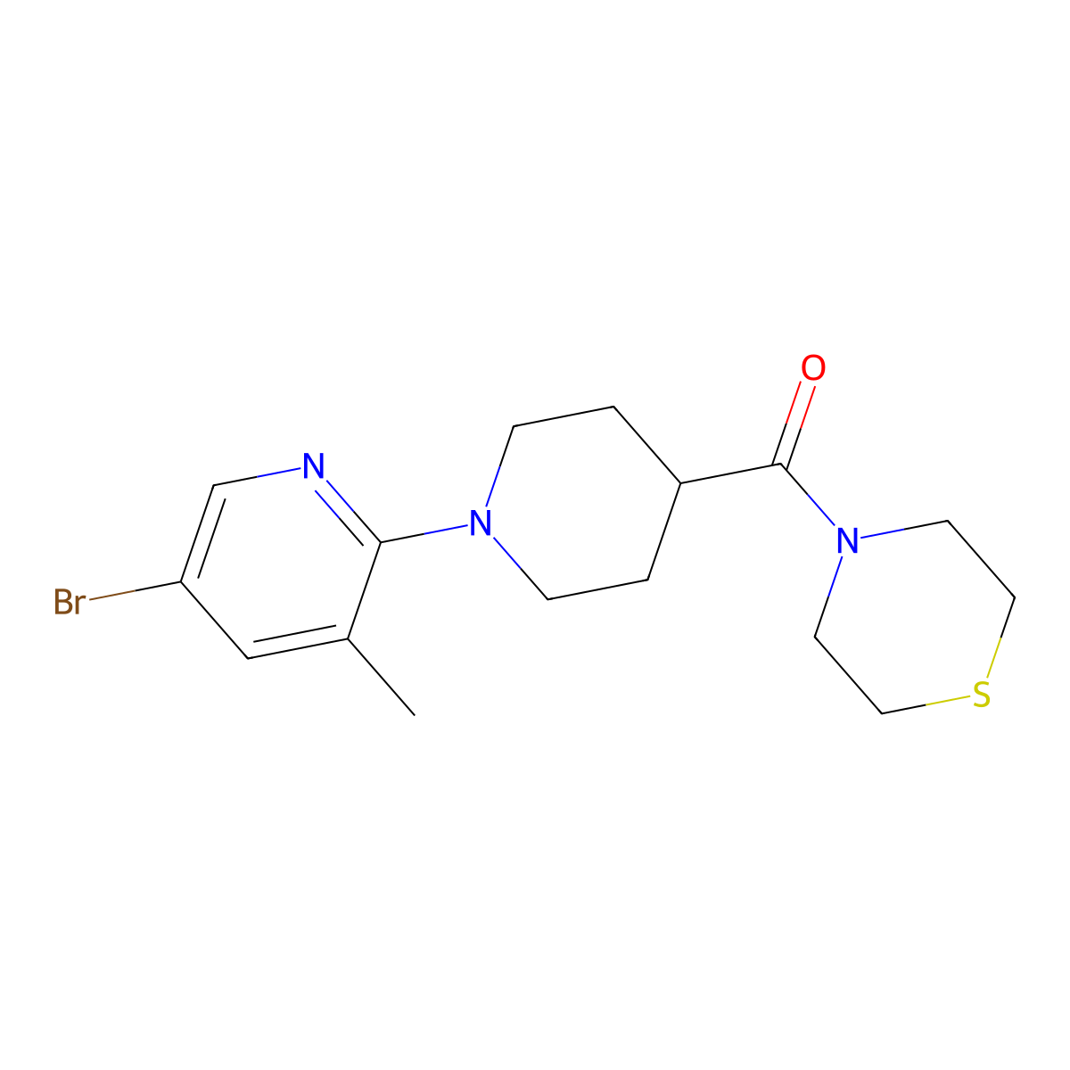 4-[1-(5-Bromo-3-methylpyridin-2-yl)piperidine-4-carbonyl]thiomorpholine molecular structure, CAS 2770592-82-8