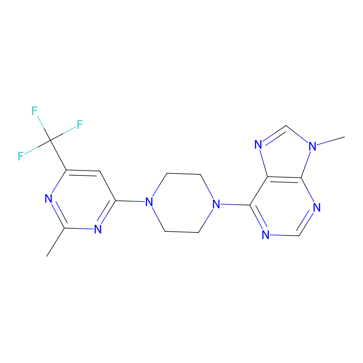9-methyl-6-{4-[2-methyl-6-(trifluoromethyl)pyrimidin-4-yl]piperazin-1-yl}-9H-purine molecular structure, CAS 2770592-84-0