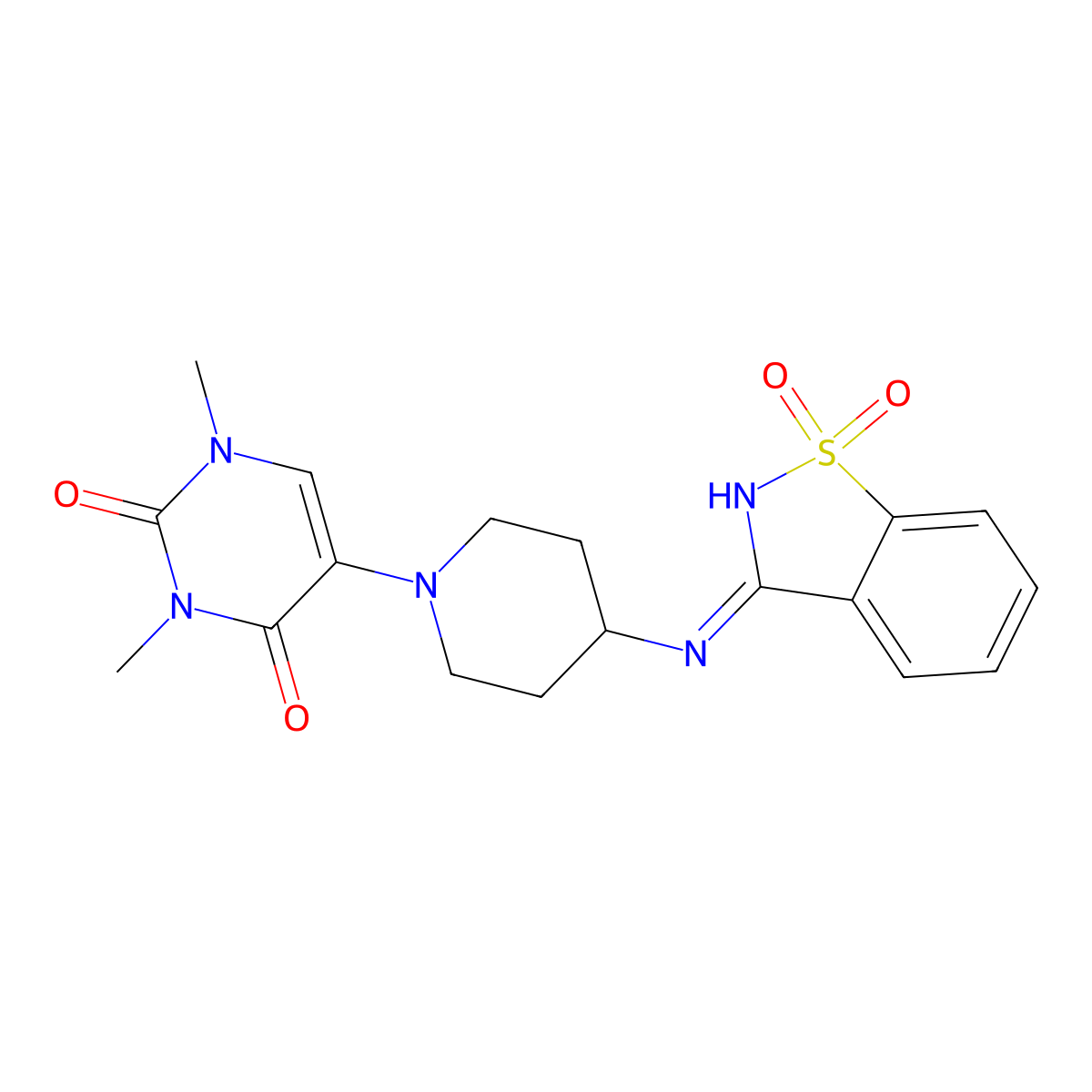 5-[4-[(1,1-Dioxo-1,2-benzothiazol-3-ylidene)amino]piperidin-1-yl]-1,3-dimethylpyrimidine-2,4-dione molecular structure, CAS 2770592-85-1