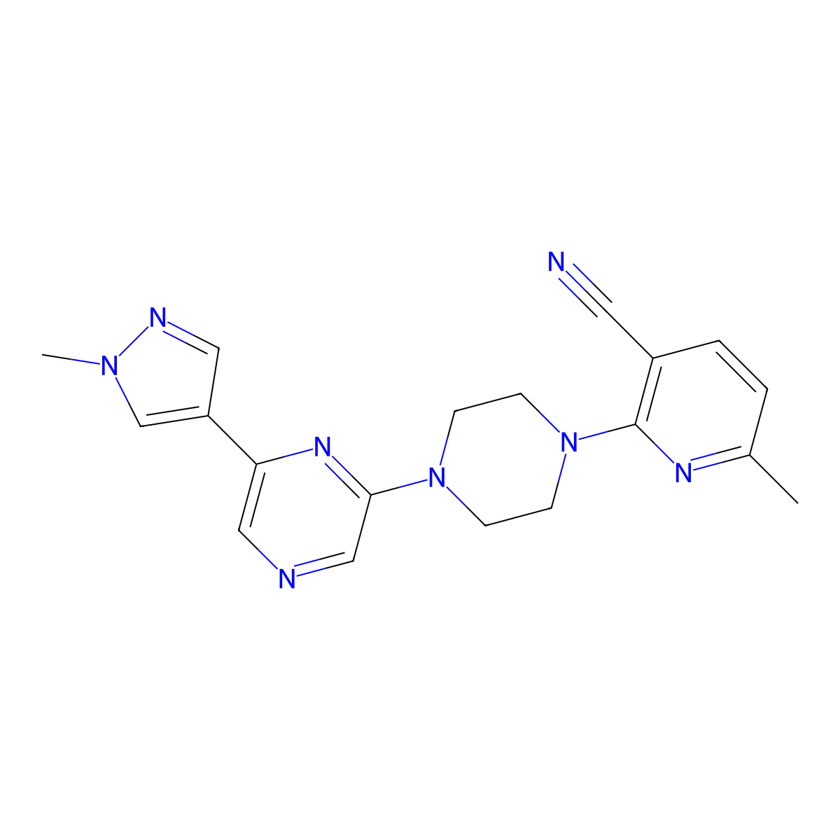 6-methyl-2-{4-[6-(1-methyl-1H-pyrazol-4-yl)pyrazin-2-yl]piperazin-1-yl}pyridine-3-carbonitrile molecular structure, CAS 2770592-91-9