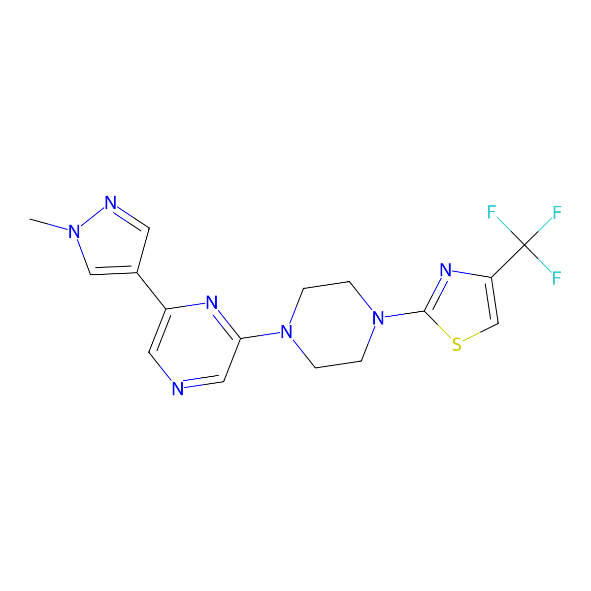 2-(1-methyl-1H-pyrazol-4-yl)-6-{4-[4-(trifluoromethyl)-1,3-thiazol-2-yl]piperazin-1-yl}pyrazine molecular structure, CAS 2770592-96-4