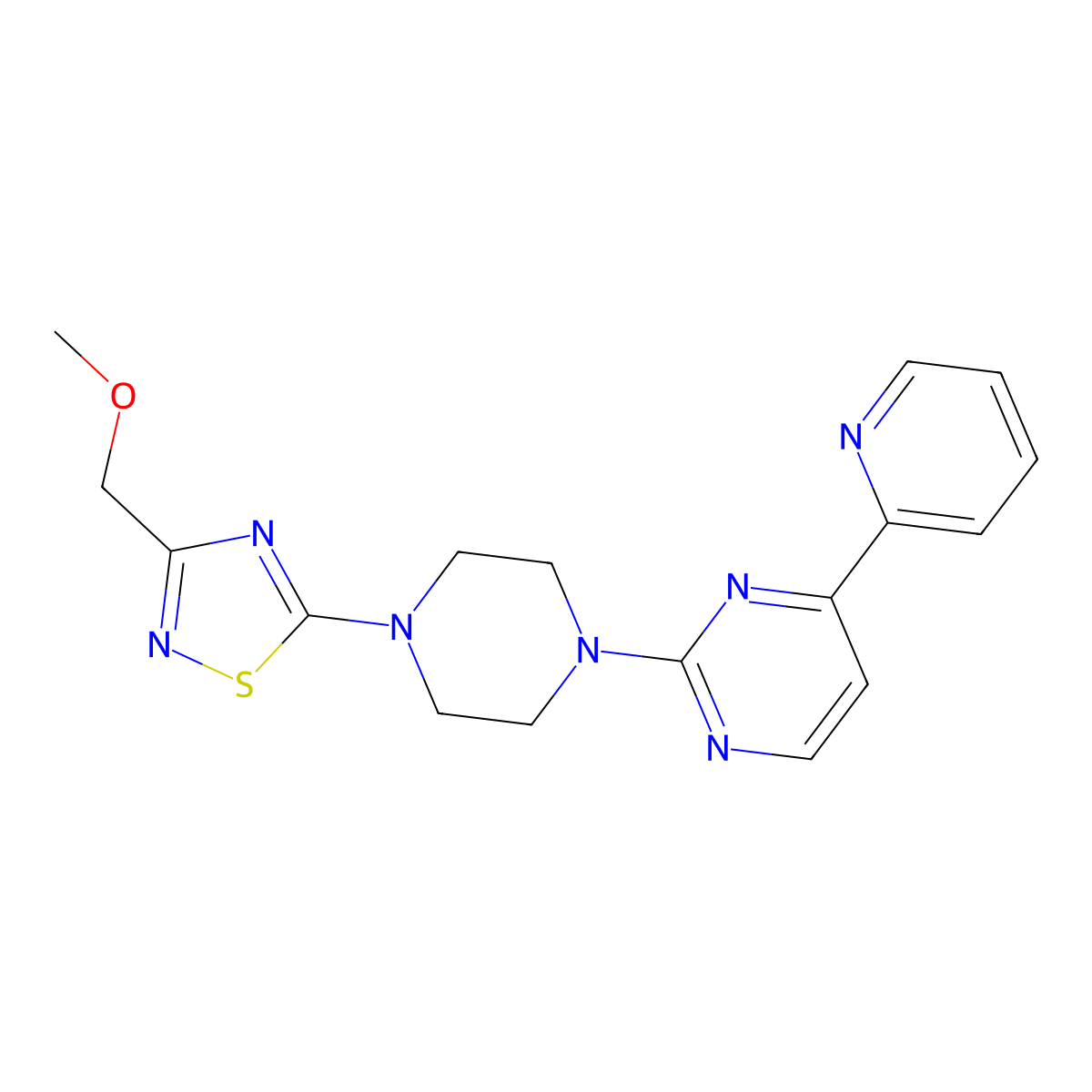 2-{4-[3-(Methoxymethyl)-1,2,4-thiadiazol-5-yl]piperazin-1-yl}-4-(pyridin-2-yl)pyrimidine molecular structure, CAS 2770592-99-7
