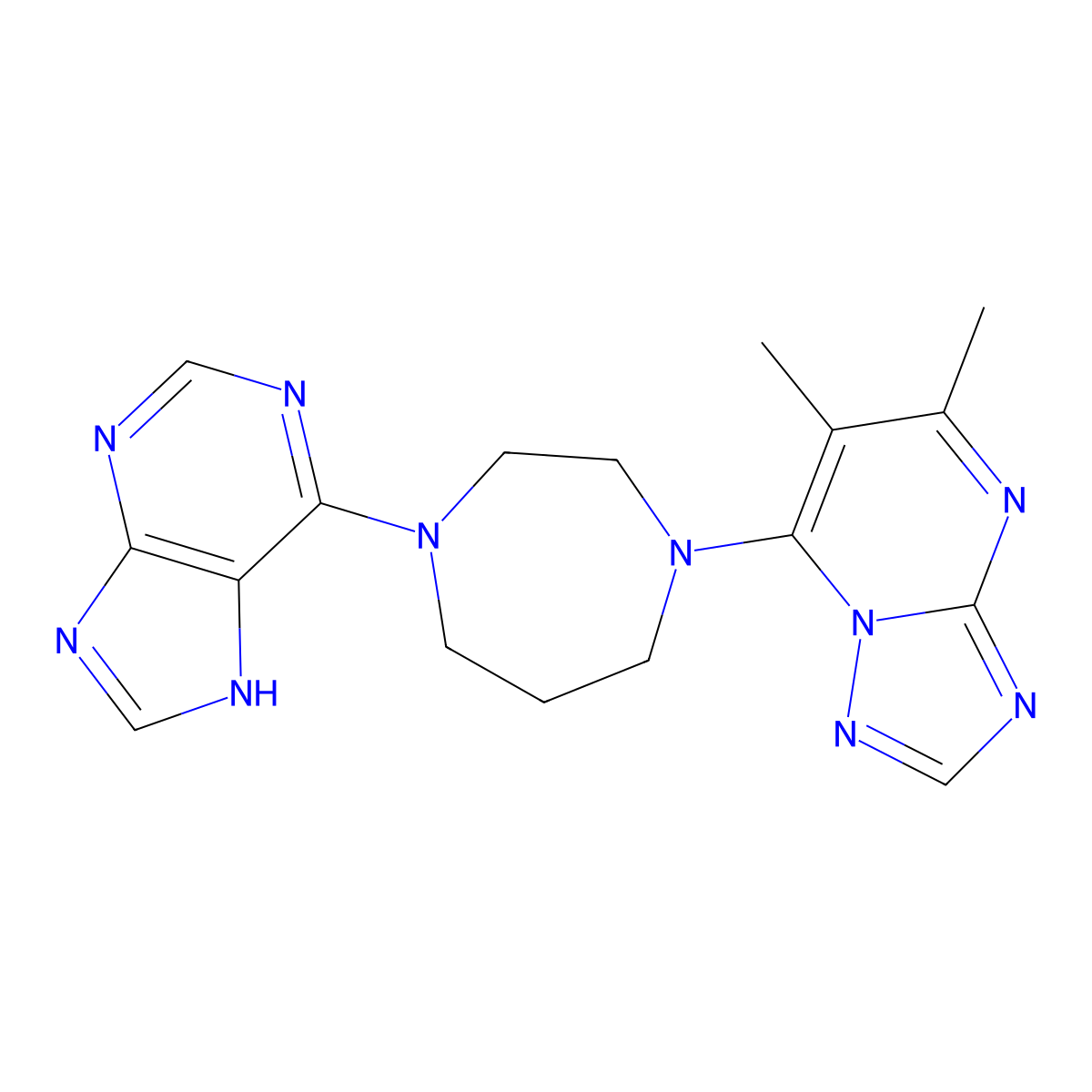 6-(4-{5,6-dimethyl-[1,2,4]triazolo[1,5-a]pyrimidin-7-yl}-1,4-diazepan-1-yl)-9H-purine molecular structure, CAS 2770593-02-5