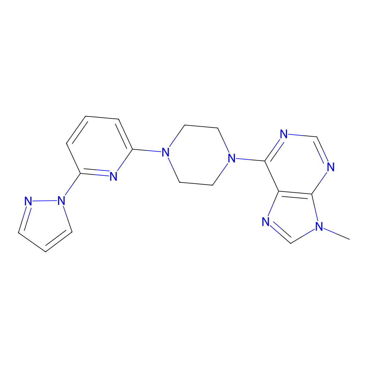 9-methyl-6-{4-[6-(1H-pyrazol-1-yl)pyridin-2-yl]piperazin-1-yl}-9H-purine molecular structure, CAS 2770593-03-6