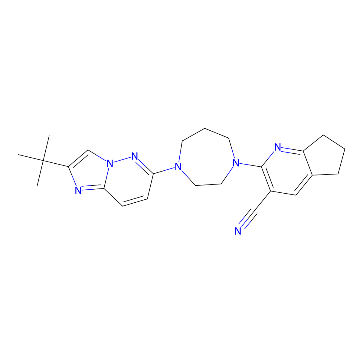 2-[4-(2-tert-butylimidazo[1,2-b]pyridazin-6-yl)-1,4-diazepan-1-yl]-6,7-dihydro-5H-cyclopenta[b]pyridine-3-carbonitrile molecular structure, CAS 2770593-06-9