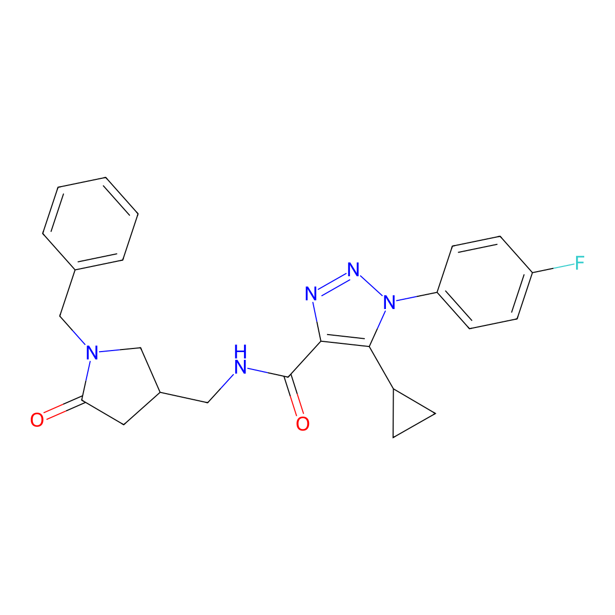 N-[(1-benzyl-5-oxopyrrolidin-3-yl)methyl]-5-cyclopropyl-1-(4-fluorophenyl)-1H-1,2,3-triazole-4-carboxamide molecular structure, CAS 2770593-20-7