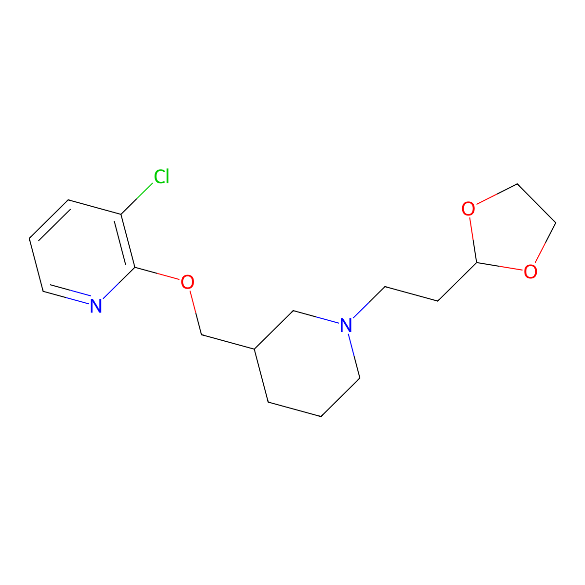 3-Chloro-2-({1-[2-(1,3-dioxolan-2-yl)ethyl]piperidin-3-yl}methoxy)pyridine molecular structure, CAS 2770593-23-0