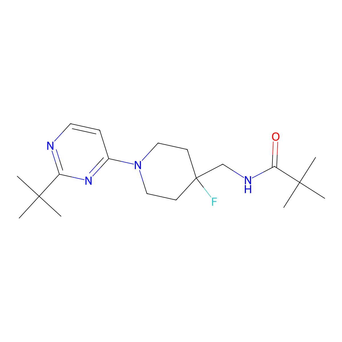 N-{[1-(2-tert-butylpyrimidin-4-yl)-4-fluoropiperidin-4-yl]methyl}-2,2-dimethylpropanamide molecular structure, CAS 2770593-29-6