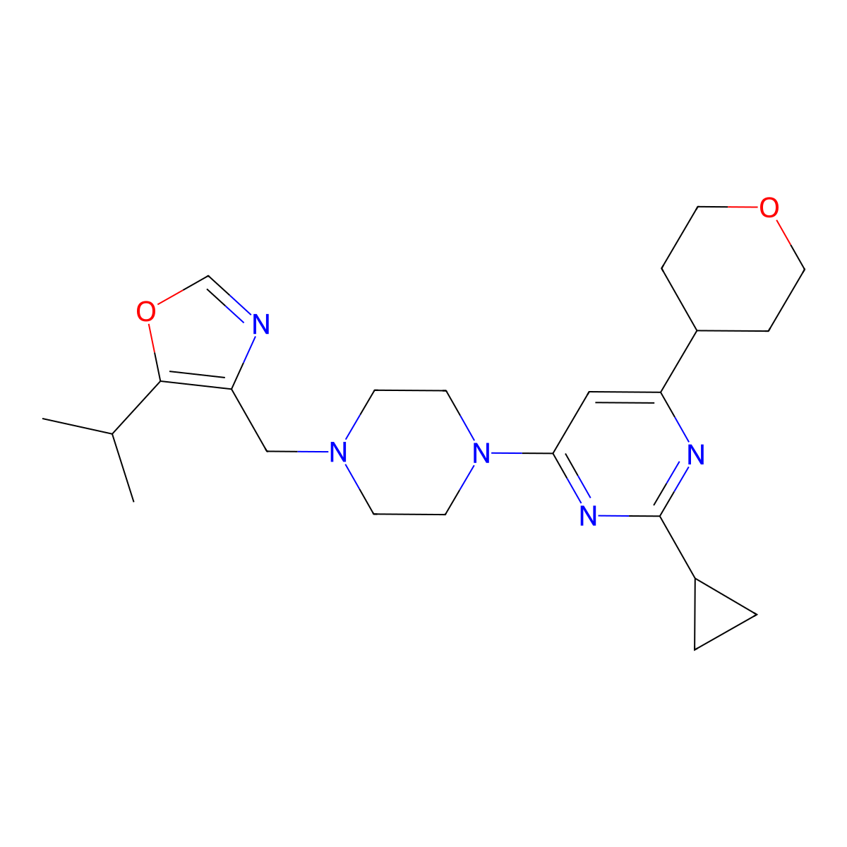 2-Cyclopropyl-4-(oxan-4-yl)-6-(4-{[5-(propan-2-yl)-1,3-oxazol-4-yl]methyl}piperazin-1-yl)pyrimidine molecular structure, CAS 2770593-32-1