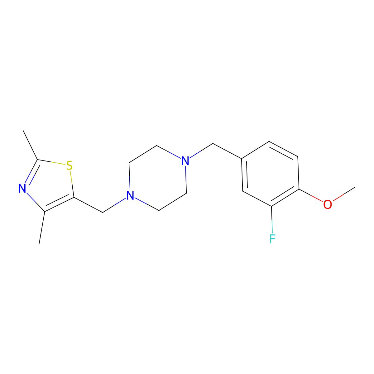 1-[(2,4-Dimethyl-1,3-thiazol-5-yl)methyl]-4-[(3-fluoro-4-methoxyphenyl)methyl]piperazine molecular structure, CAS 2770593-37-6