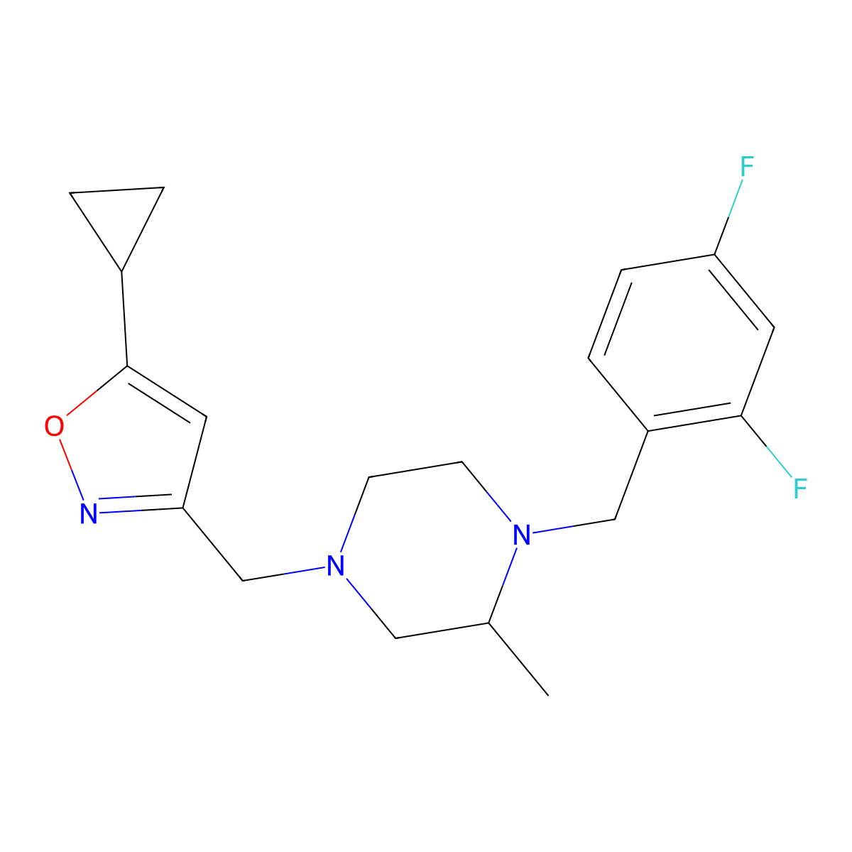 4-[(5-Cyclopropyl-1,2-oxazol-3-yl)methyl]-1-[(2,4-difluorophenyl)methyl]-2-methylpiperazine molecular structure, CAS 2770593-53-6