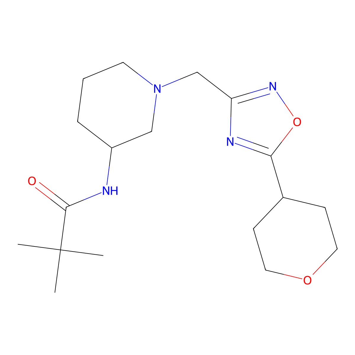 2,2-dimethyl-N-(1-{[5-(oxan-4-yl)-1,2,4-oxadiazol-3-yl]methyl}piperidin-3-yl)propanamide molecular structure, CAS 2770593-54-7