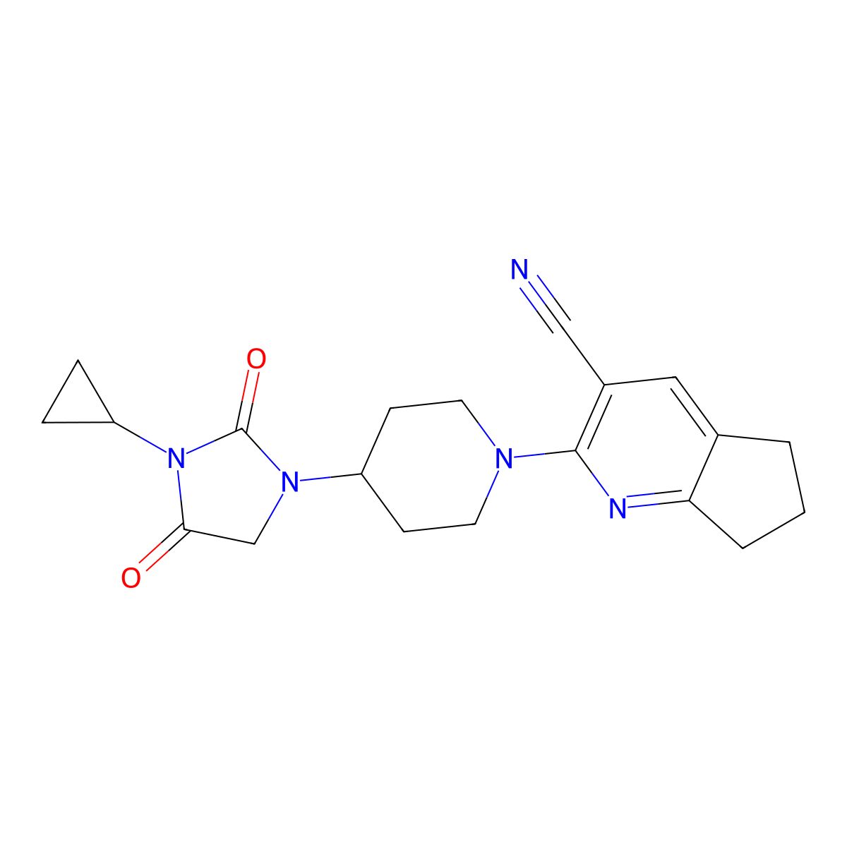 2-[4-(3-cyclopropyl-2,4-dioxoimidazolidin-1-yl)piperidin-1-yl]-5H,6H,7H-cyclopenta[b]pyridine-3-carbonitrile molecular structure, CAS 2770593-59-2