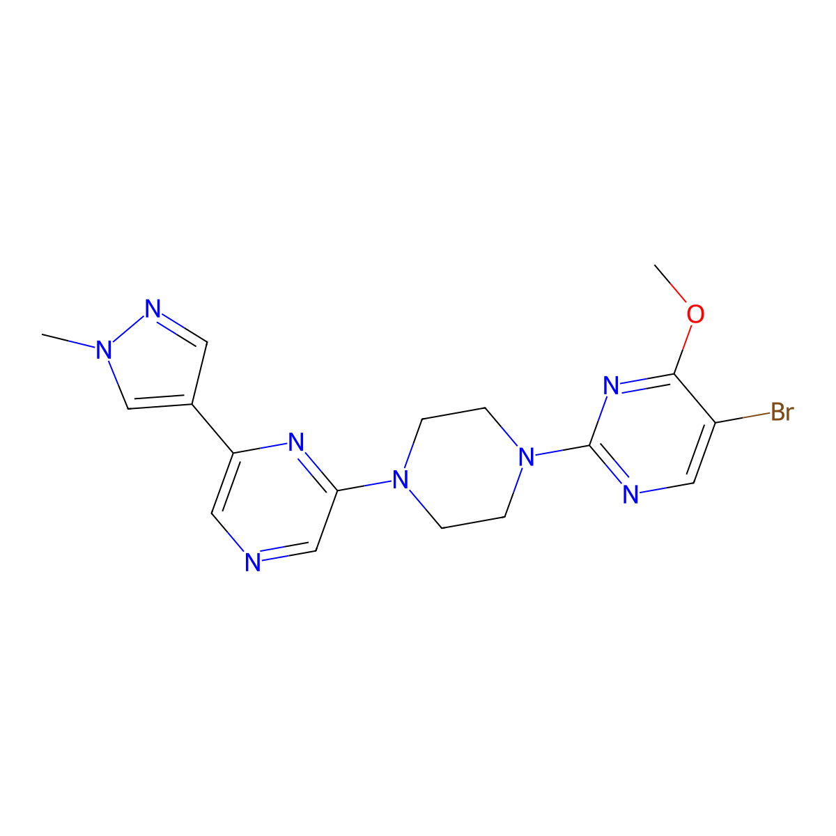 5-bromo-4-methoxy-2-{4-[6-(1-methyl-1H-pyrazol-4-yl)pyrazin-2-yl]piperazin-1-yl}pyrimidine molecular structure, CAS 2770593-63-8