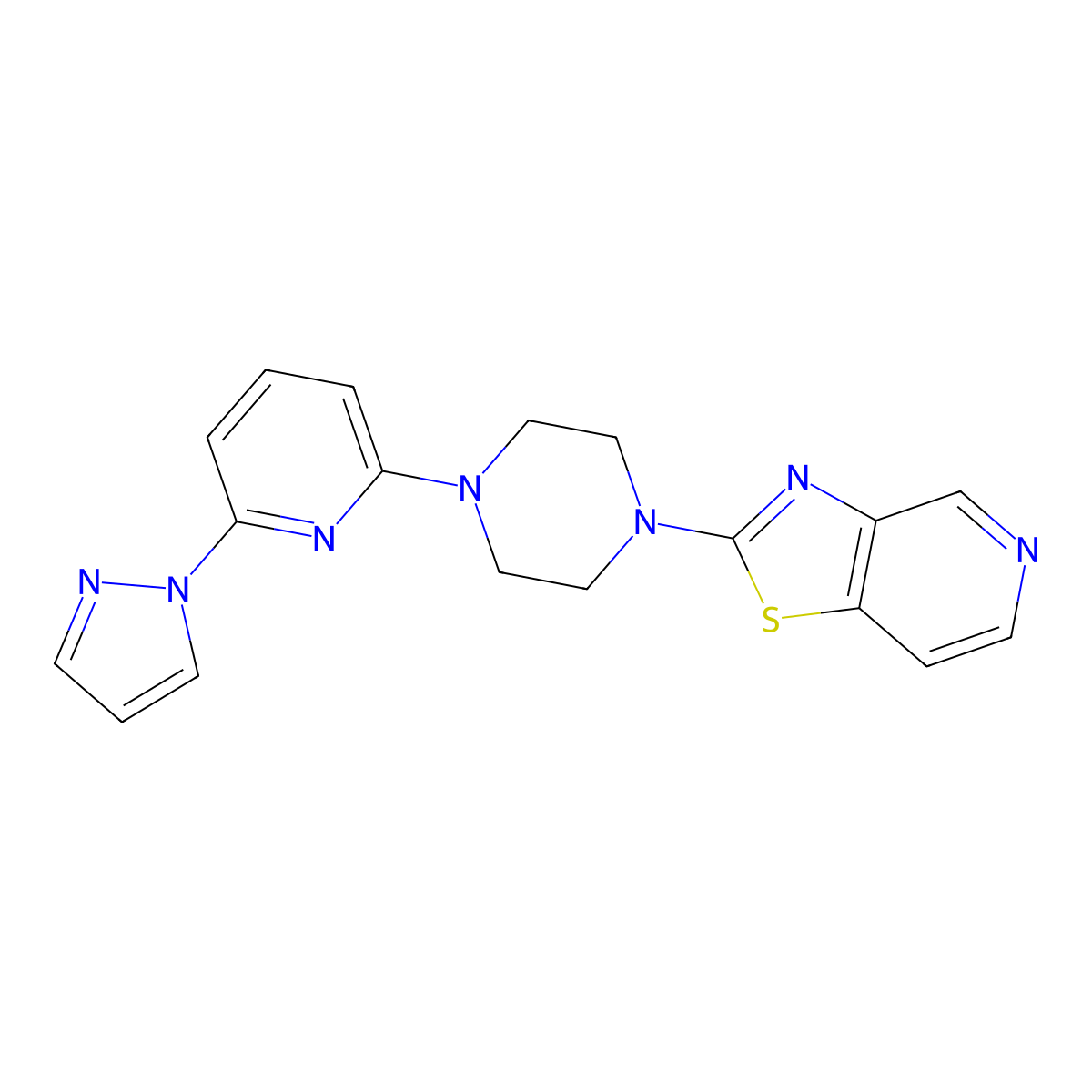 1-[6-(1H-pyrazol-1-yl)pyridin-2-yl]-4-{[1,3]thiazolo[4,5-c]pyridin-2-yl}piperazine molecular structure, CAS 2770593-65-0