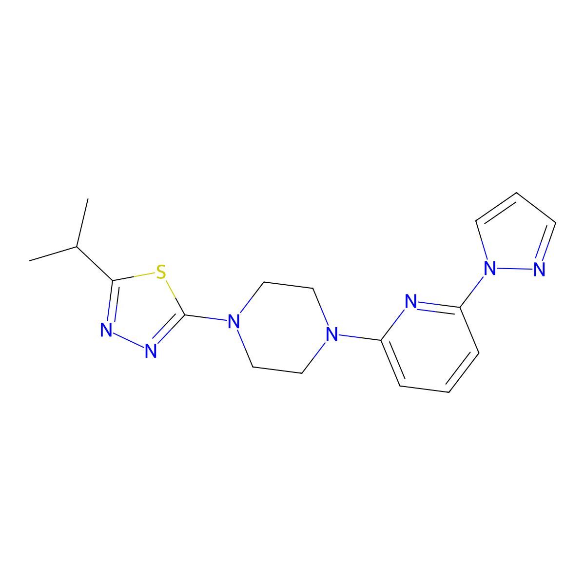 1-[5-(propan-2-yl)-1,3,4-thiadiazol-2-yl]-4-[6-(1H-pyrazol-1-yl)pyridin-2-yl]piperazine molecular structure, CAS 2770593-68-3
