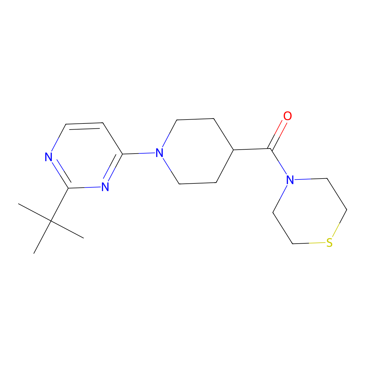 4-[1-(2-Tert-butylpyrimidin-4-yl)piperidine-4-carbonyl]thiomorpholine molecular structure, CAS 2770593-75-2