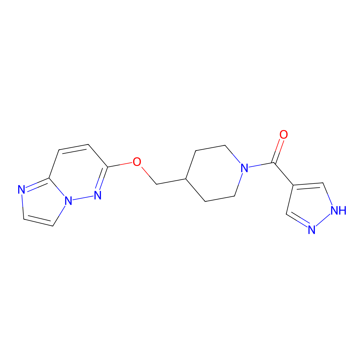 4-({imidazo[1,2-b]pyridazin-6-yloxy}methyl)-1-(1H-pyrazole-4-carbonyl)piperidine molecular structure, CAS 2770593-78-5