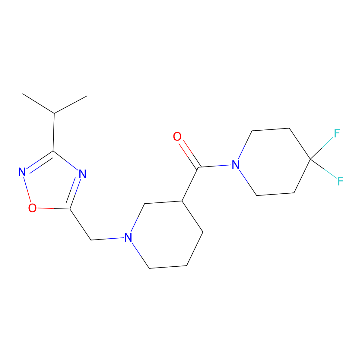 4,4-Difluoro-1-(1-{[3-(propan-2-yl)-1,2,4-oxadiazol-5-yl]methyl}piperidine-3-carbonyl)piperidine molecular structure, CAS 2770594-01-7