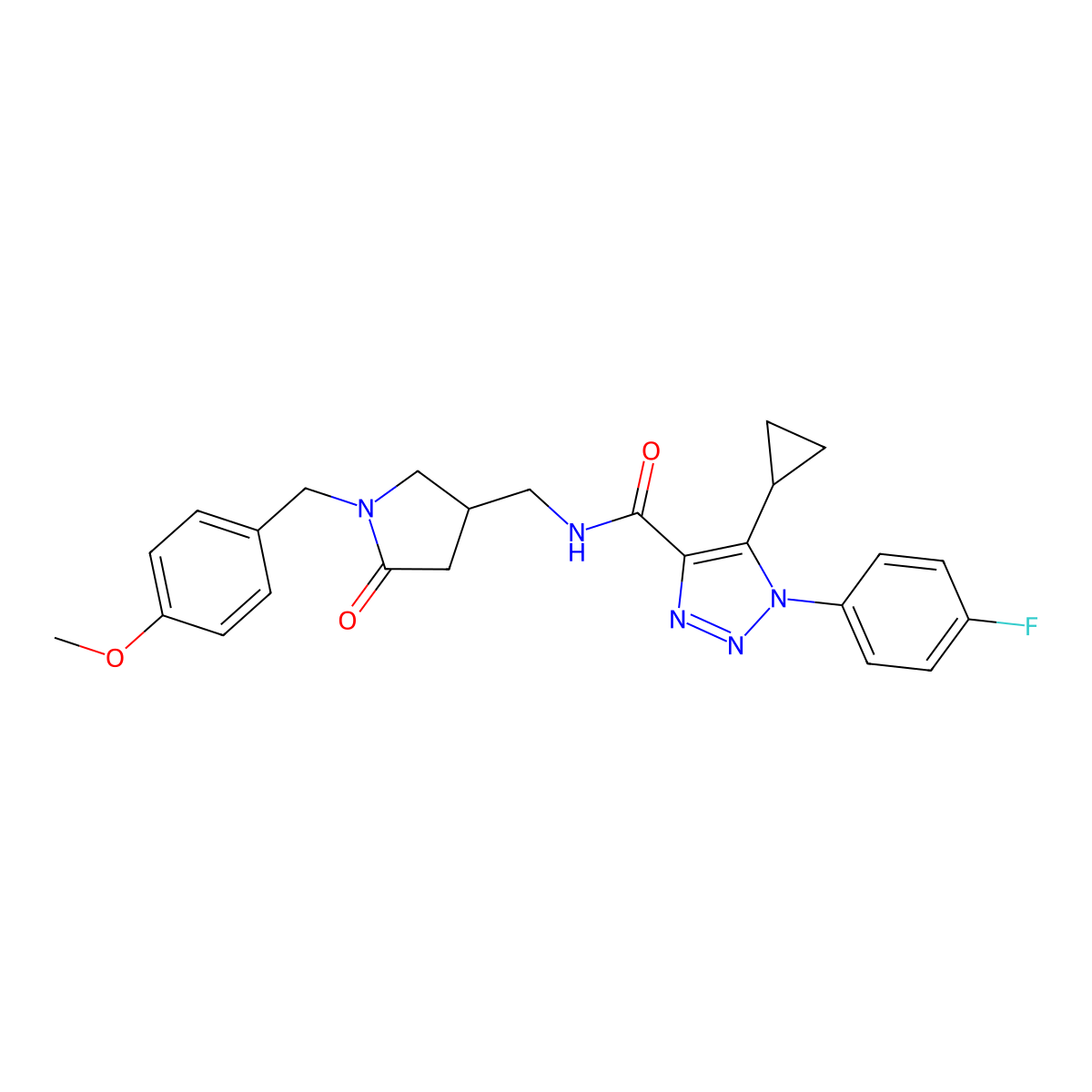 5-cyclopropyl-1-(4-fluorophenyl)-N-({1-[(4-methoxyphenyl)methyl]-5-oxopyrrolidin-3-yl}methyl)-1H-1,2,3-triazole-4-carboxamide molecular structure, CAS 2770594-04-0