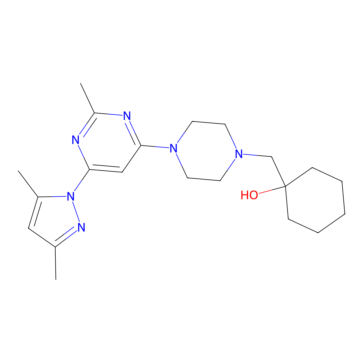 1-({4-[6-(3,5-dimethyl-1H-pyrazol-1-yl)-2-methylpyrimidin-4-yl]piperazin-1-yl}methyl)cyclohexan-1-ol molecular structure, CAS 2770594-11-9