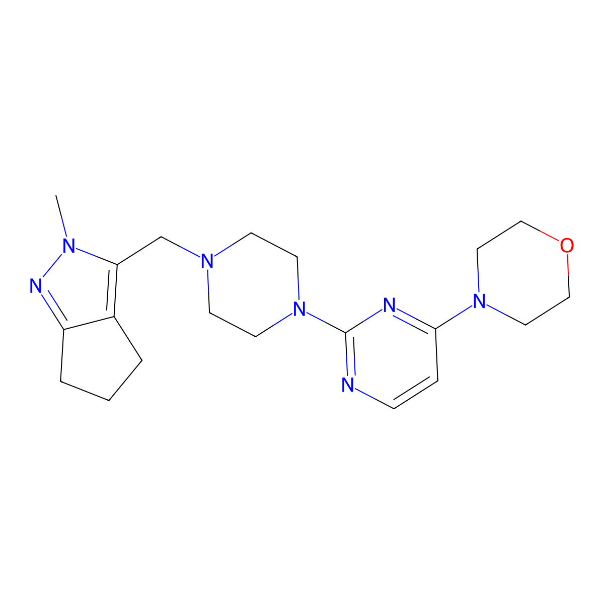 4-{2-[4-({2-methyl-2H,4H,5H,6H-cyclopenta[c]pyrazol-3-yl}methyl)piperazin-1-yl]pyrimidin-4-yl}morpholine molecular structure, CAS 2770594-16-4