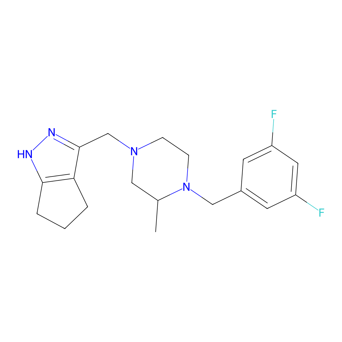 4-({1H,4H,5H,6H-cyclopenta[c]pyrazol-3-yl}methyl)-1-[(3,5-difluorophenyl)methyl]-2-methylpiperazine molecular structure, CAS 2770594-33-5