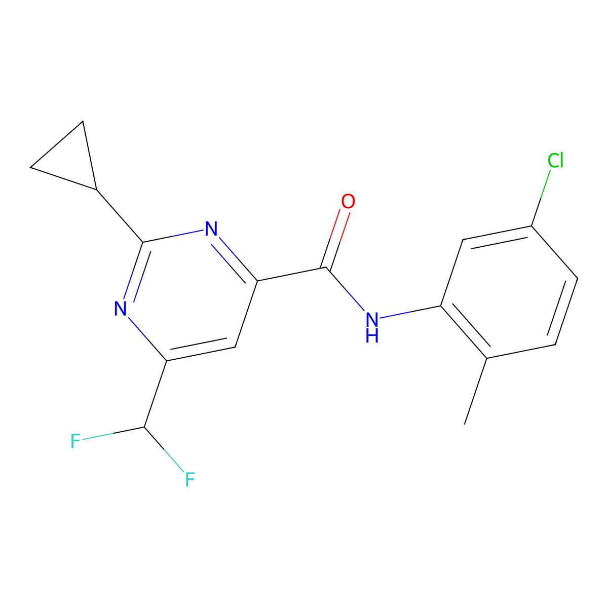 N-(5-chloro-2-methylphenyl)-2-cyclopropyl-6-(difluoromethyl)pyrimidine-4-carboxamide molecular structure, CAS 2770594-37-9