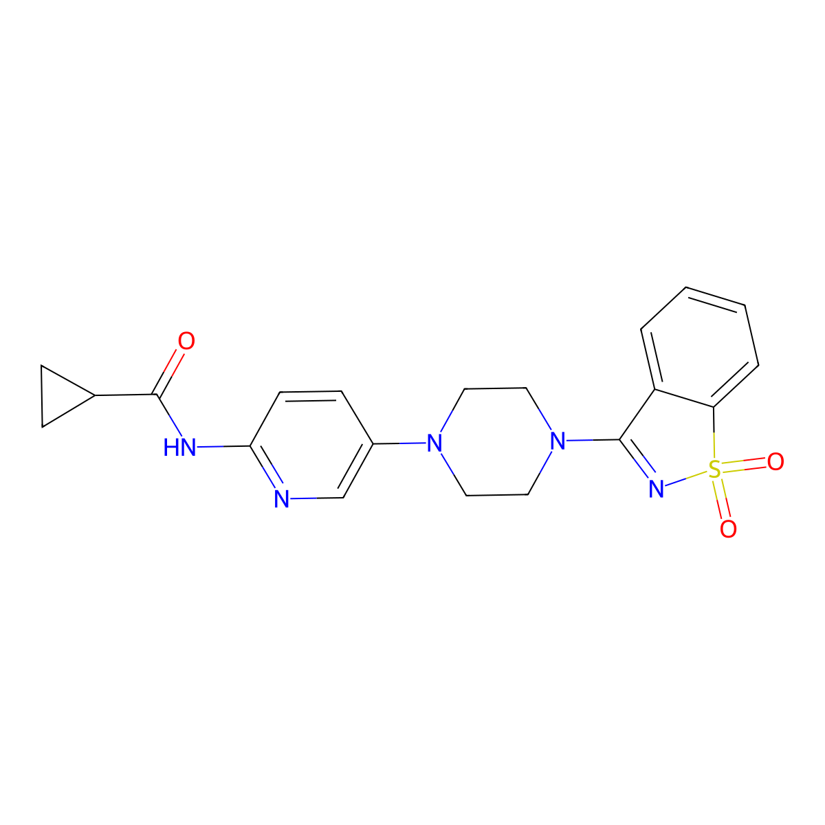 N-[5-[4-(1,1-dioxo-1,2-benzothiazol-3-yl)piperazin-1-yl]-2-pyridinyl]cyclopropanecarboxamide molecular structure, CAS 2770594-48-2