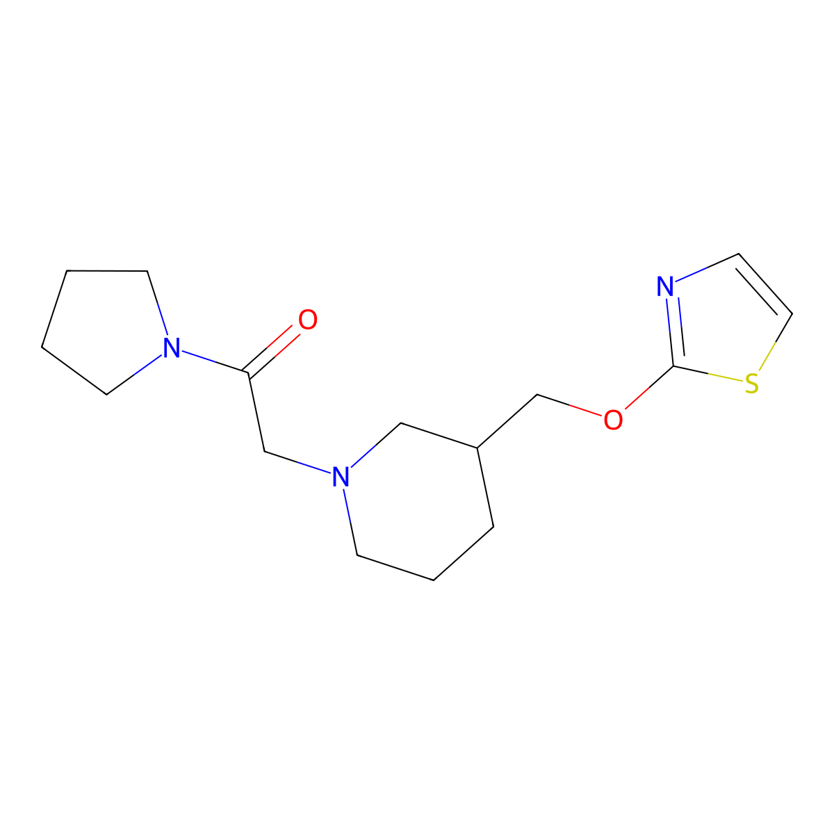 1-(Pyrrolidin-1-yl)-2-{3-[(1,3-thiazol-2-yloxy)methyl]piperidin-1-yl}ethan-1-one molecular structure, CAS 2770594-51-7