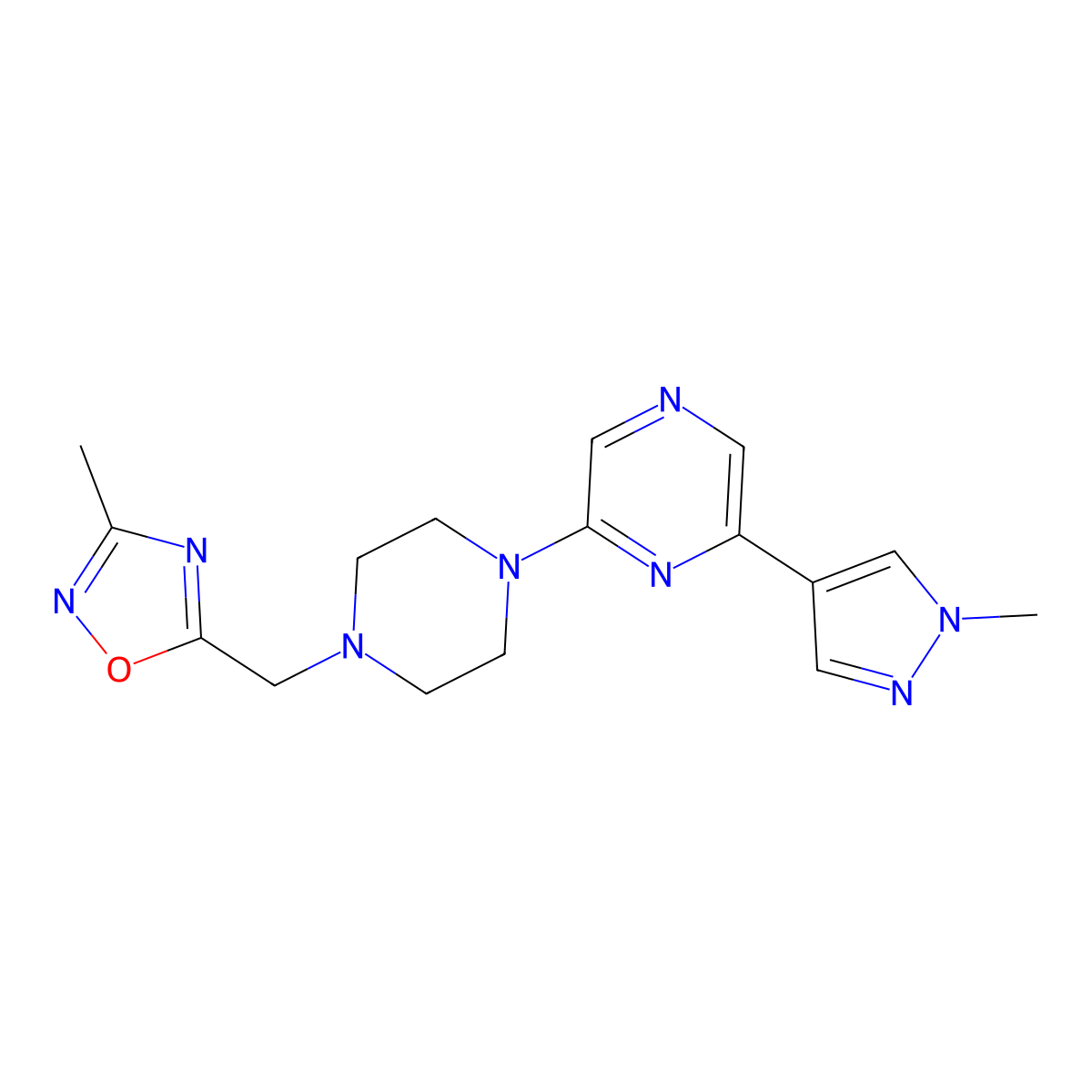 2-{4-[(3-methyl-1,2,4-oxadiazol-5-yl)methyl]piperazin-1-yl}-6-(1-methyl-1H-pyrazol-4-yl)pyrazine molecular structure, CAS 2770594-53-9