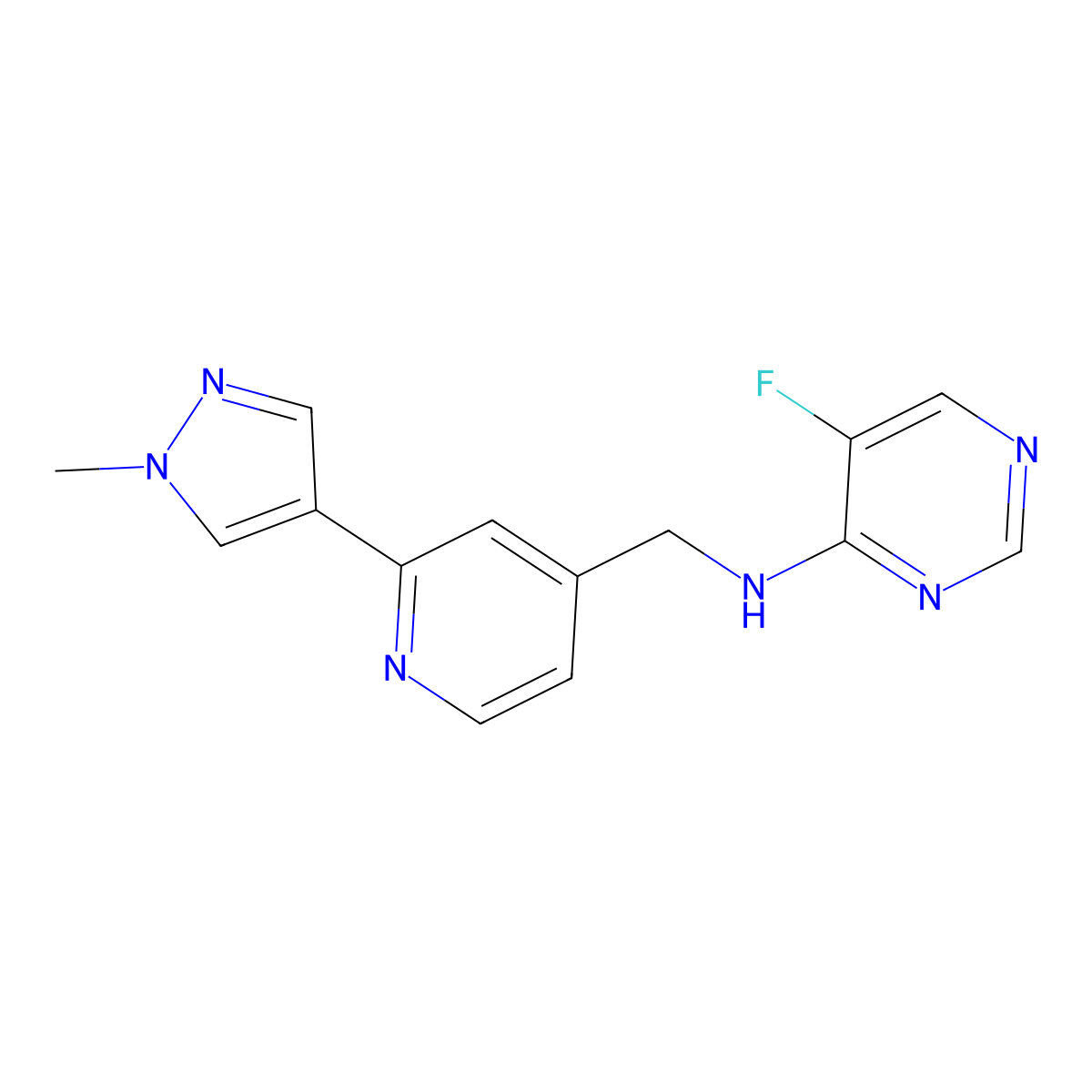 5-fluoro-N-{[2-(1-methyl-1H-pyrazol-4-yl)pyridin-4-yl]methyl}pyrimidin-4-amine molecular structure, CAS 2770594-63-1