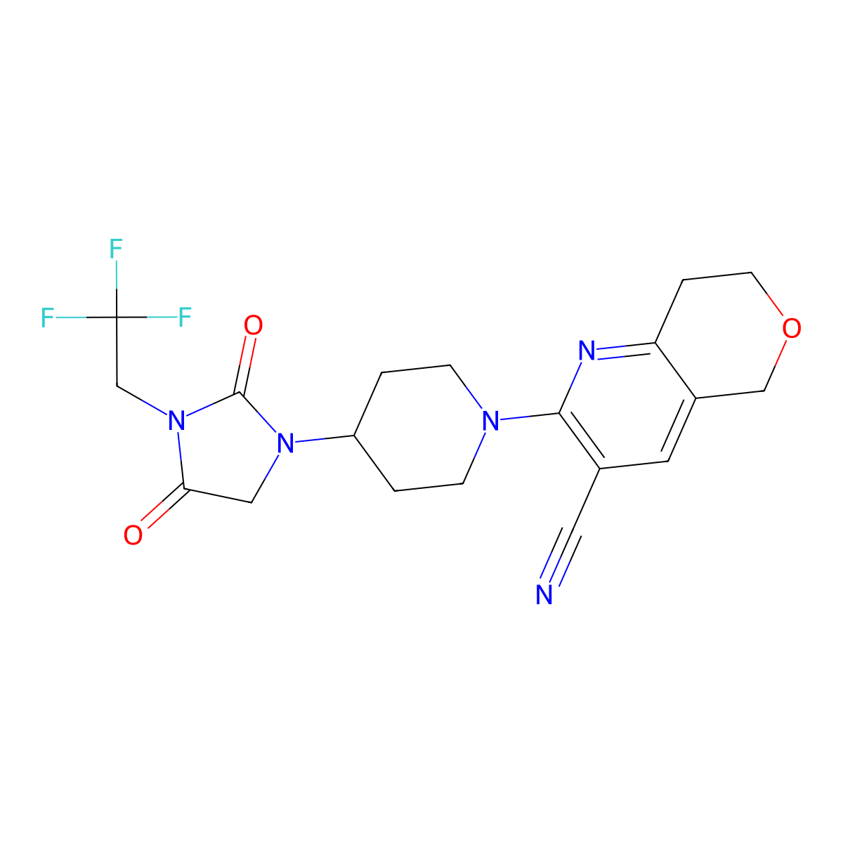 2-{4-[2,4-dioxo-3-(2,2,2-trifluoroethyl)imidazolidin-1-yl]piperidin-1-yl}-5H,7H,8H-pyrano[4,3-b]pyridine-3-carbonitrile molecular structure, CAS 2770594-66-4