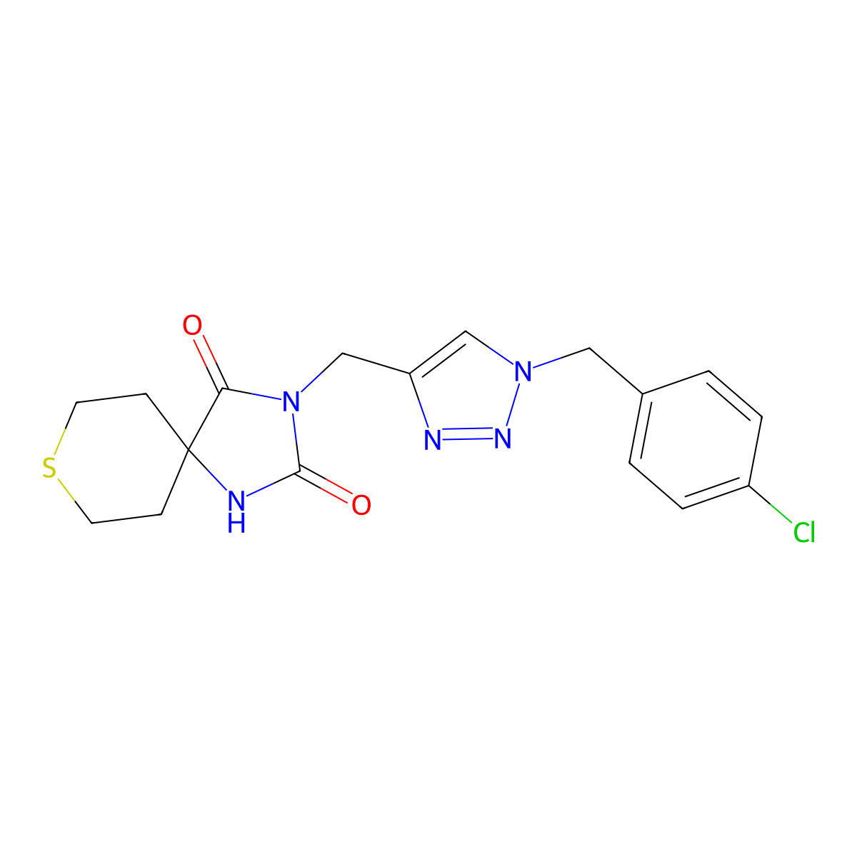 3-({1-[(4-chlorophenyl)methyl]-1H-1,2,3-triazol-4-yl}methyl)-8-thia-1,3-diazaspiro[4.5]decane-2,4-dione molecular structure, CAS 2770594-76-6