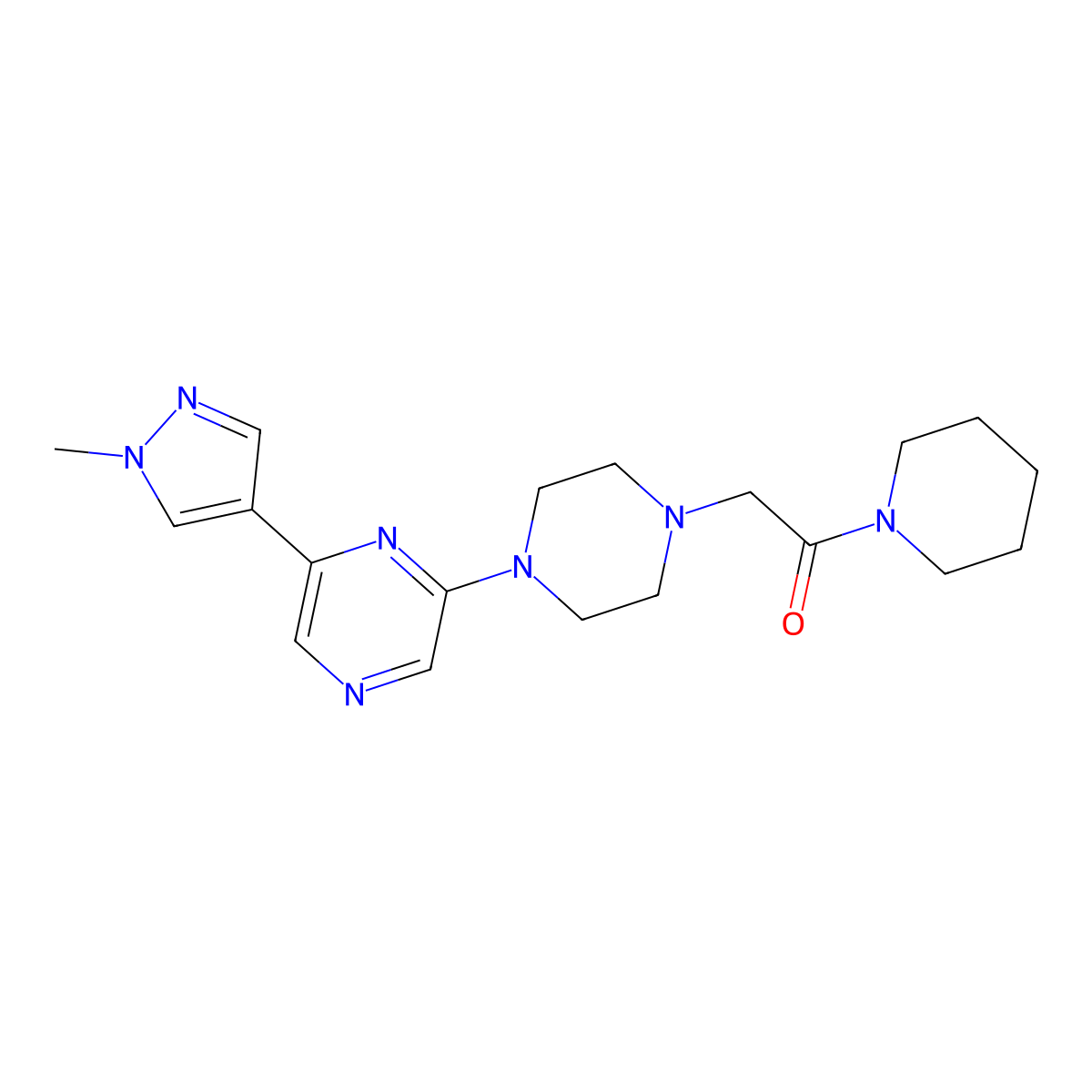 2-{4-[6-(1-methyl-1H-pyrazol-4-yl)pyrazin-2-yl]piperazin-1-yl}-1-(piperidin-1-yl)ethan-1-one molecular structure, CAS 2770594-81-3