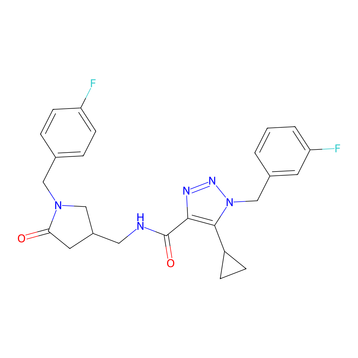 5-cyclopropyl-1-[(3-fluorophenyl)methyl]-N-({1-[(4-fluorophenyl)methyl]-5-oxopyrrolidin-3-yl}methyl)-1H-1,2,3-triazole-4-carboxamide molecular structure, CAS 2770594-82-4