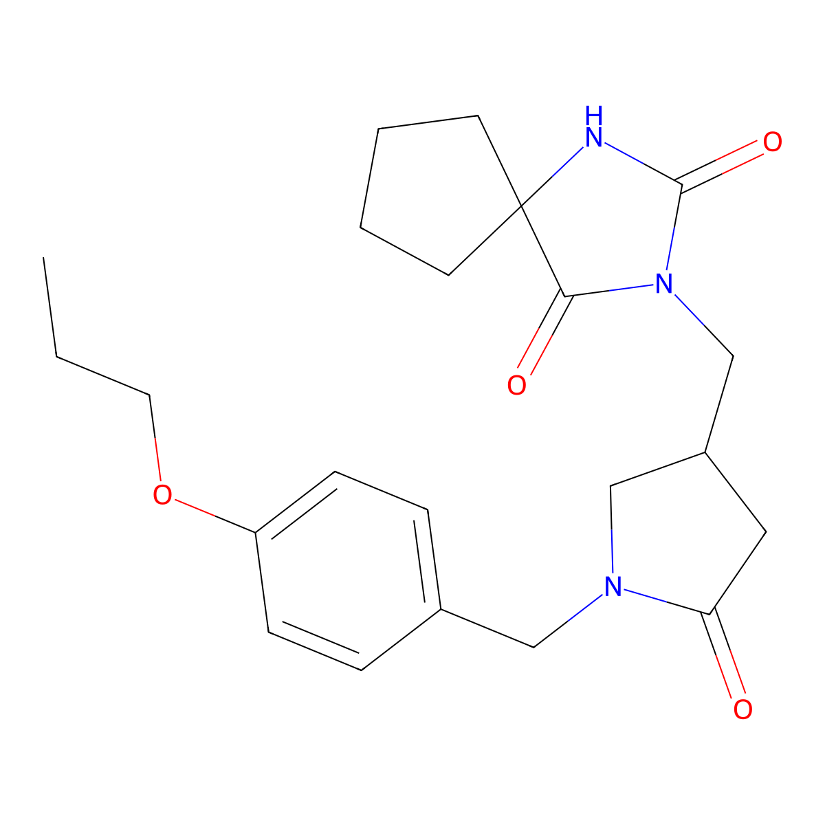 3-({5-Oxo-1-[(4-propoxyphenyl)methyl]pyrrolidin-3-yl}methyl)-1,3-diazaspiro[4.4]nonane-2,4-dione molecular structure, CAS 2770595-07-6